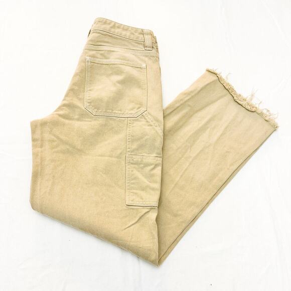 TNA Khaki Cargo Pant Wide Leg Frayed Hem Denim Jeans Zip Fly Size 6 - Picture 9 of 9